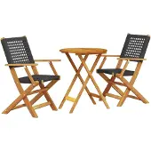 Syfax 3-tlg. Bistro-Set Schwarz Poly Rattan und Massivholz
