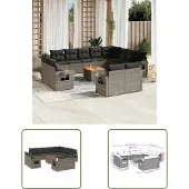 The Living Store 13-tlg. Garten-Sofagarnitur mit Kissen Grau Poly Rattan