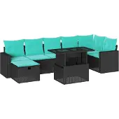 Syfax 8-teiliges Gartensofa-Set mit Kissen, schwarzes Polyrattan