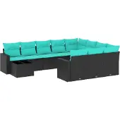 Syfax 11-teiliges Gartensofa-Set mit Kissen, schwarzes Polyrattan