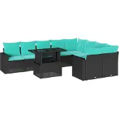 Syfax 10-teiliges Gartensofa-Set mit Kissen, schwarzes Polyrattan