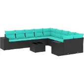 Syfax 11-teiliges Gartensofa-Set mit Kissen, schwarzes Polyrattan