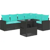 Syfax 7-teiliges Gartensofa-Set mit Kissen, schwarzes Polyrattan