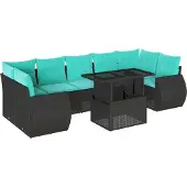 Syfax 8-teiliges Gartensofa-Set mit Kissen, schwarzes Polyrattan