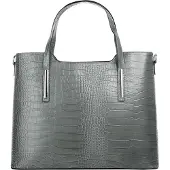 Cluty Damen Handtasche aus 100% echtem Leder im Reptilien-Look, grau, 37x29x16 cm