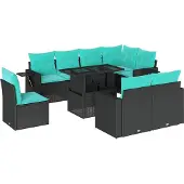 Syfax 9-teiliges Gartensofa-Set mit Kissen, schwarzes Polyrattan