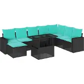 Syfax 9-teiliges Gartensofa-Set mit Kissen, schwarzes Polyrattan