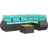 Syfax 6-teiliges Gartensofa-Set mit Kissen, schwarzes Polyrattan