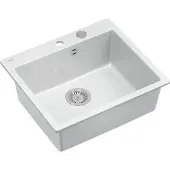 Quadron Spülbecken 1-Becken Spüle | Größe: 57 x 50 x 22 cm | MORGAN 110 | Unterbauspüle Granitspüle aus GraniteQ mit Siphon | Weiß & Stahl