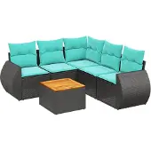 Syfax 6-teiliges Gartensofa-Set mit Kissen, schwarzes Polyrattan