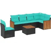 Syfax 7-teiliges Gartensofa-Set mit Kissen, schwarzes Polyrattan