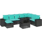 Syfax 9-teiliges Gartensofa-Set mit Kissen, schwarzes Polyrattan