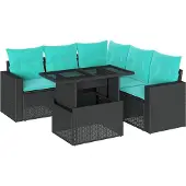 Syfax 6-teiliges Gartensofa-Set mit Kissen, schwarzes Polyrattan