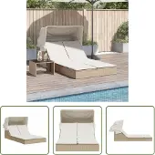 The Living Store Doppel-Sonnenliege mit Dach und Auflagen Beige Poly Rattan