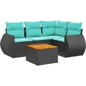 Syfax 5-teiliges Gartensofa-Set mit Kissen, schwarzes Polyrattan