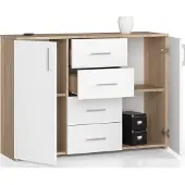 BDW Kommode mit 4 Schubladen & 2 Türen, 110x80x35, Wohnzimmer, Eiche Sonoma / Weiß