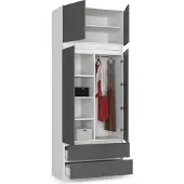 BDW Kleiderschrank mit 4 Türen, 4 Einlegeböden, Kleiderbügel, Weiß / Grau