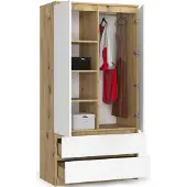 BDW , Kleiderschrank 2 Türen, 2 Schubladen, 180x90x51 cm, Garderobe, Eiche Artisan / Weiss