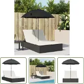 The Living Store Doppel-Sonnenliege mit Kissen&Sonnenschirm Schwarz Poly Rattan