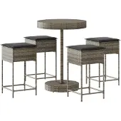 Syfax 5-tlg. Gartenbar-Set mit Kissen Grau Poly Rattan