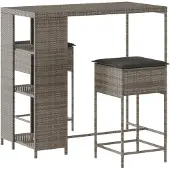 Syfax 3-tlg. Gartenbar-Set mit Kissen Grau Poly Rattan