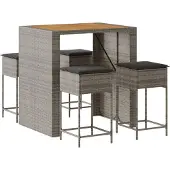 Syfax 5-tlg. Gartenbar-Set mit Kissen Grau Poly Rattan