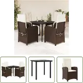 The Living Store 5-tlg. Garten-Essgruppe mit Kissen Braun Poly Rattan