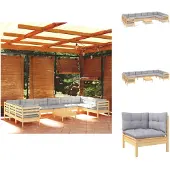 vidaXL 11-tlg. Garten-Lounge-Set mit Grauen Kissen Kiefernholz - Gartenmöbel-Sets