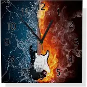 Wallario Design Wanduhr Feuer-Wasser-Gitarre aus Aluverbund, Größe 30 x 30 cm