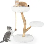 FANTASK 90 cm Katzenkratzbaum aus Massivholz, mit 3 Plüsch Sitzflächen, Jute Kra