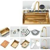 OEM Wasserfall-Waschtisch, rechteckige Schüssel, integrierter Wasserhahn, Gebürstetes Gold