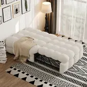 OKWISH Schlafsofa, 2-in-1-Fußhocker, mit Ausziehbett, Puffy-Bett Mit Metallrahmen,Teddy-Stoff, Beige