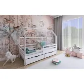 Fun-Möbel Hausbett Kinderbett BELLI 200x90cm Kiefer Massiv Weiß inkl. Rollrost