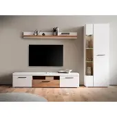 Lomadox Wohnwand 3-teilig mit Vitrinenschrank weiß mit Eiche SUTTON-61