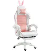 Kein Hersteller Gaming-Stuhl ergonomisch, Lendenstütze, Fußstütze, Hasenohren, Kopfkissen, höhenverstellbar, Liegefunktion-Pink