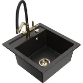 Mexen Vito 1-Becken-Granitspüle mit Mischbatterie Duo, Schwarz/Gold metallisch - 6503-75-671701-57-G