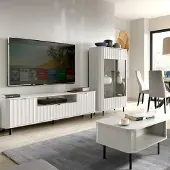 Lomadox Wohnzimmer-Set mit Lowboard & Highboard & Couchtisch in Weiß, Wellenoptik, 3-teilig - NASHVILLE-161