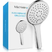 Bächlein Universal Duschbrause - Brausekopf mit 3 Strahlarten, einfach wechselbar durch praktische Drucktaste - Runder Duschkopf Chrom - Handbrause mit Standard G 1/2” Anschlussmaß