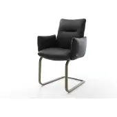 DELIFE Freischwinger Jova-Flex mit Armlehnen Echt-Leder Schwarz Freischwinger flach Effektfinish Titan Taschenfederkern