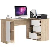 BDW , Eckschreibtisch rechts, 3 Schubladen, 4 Regale, Eiche Sonoma / Weiss