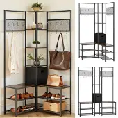 Vevor Multifunktionale Eckgarderobe (180 cm Hoch) mit Haken, Ablagefläche & Stahlrahmen, Garderobenständer mit Kippsicherung, Garderobenregal für Eingangsbereich Büro Wohnzimmer, Rustikales Braun