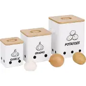 Relaxdays Kartoffel Aufbewahrungsbox, Zwiebeln, Knoblauch, 3er Set, mit Löchern, Metall, Bambusdeckel, eckig, weiß/natur
