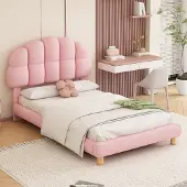 Sweiko 90x200cm Einzelbett, Kinderbett, Jugendbett, Polsterbett, Holzlattenrost, Kreisvlies, Rosa