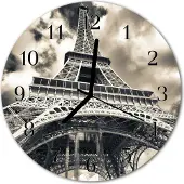 Tulup Glasuhr Wanduhr Küchenuhr Echt-Glas 30fi cm Eiffelturm grau