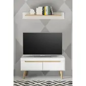 Lomadox Wohnzimmer TV-Lowboard und Wandboard in Weiß Matt mit Eiche STOCKTON-61, 2-teilig
