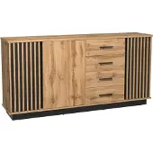 Furniture24 Kommode Lamelo La21 Sideboard 3 Türen 4 Schubladen Wotan Eiche/Schwarz