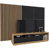 Furniture24 Wohnwand CELINE 10 Lowboard mit Wandpaneel Lamellenwand 4-teilig 251cm Schrankwand Fernsehschrank