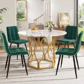 Novavision 5-teiliges Esstisch-Set rund 100 cm, Weiß/Gold, 4 Samtstühle in Grün
