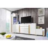 EURO-MEBLE Wandschrank Marco 8 Wohnzimmermöbel Set + Led (Weiss/Holz)