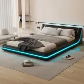 Sweiko 140x200cm Flachbett, Bodenbett, PU, LED-Umgebungslicht, Schwarz